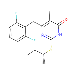 CC[C@@H](C)Sc1nc(Cc2c(F)cccc2F)c(C)c(=O)[nH]1 ZINC000013556546