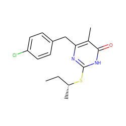 CC[C@@H](C)Sc1nc(Cc2ccc(Cl)cc2)c(C)c(=O)[nH]1 ZINC000013556470