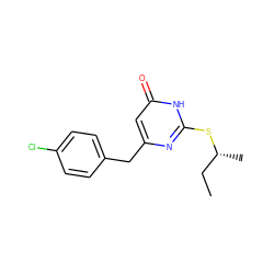 CC[C@@H](C)Sc1nc(Cc2ccc(Cl)cc2)cc(=O)[nH]1 ZINC000013556434