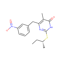 CC[C@@H](C)Sc1nc(Cc2cccc([N+](=O)[O-])c2)c(C)c(=O)[nH]1 ZINC000013556483
