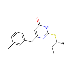 CC[C@@H](C)Sc1nc(Cc2cccc(C)c2)cc(=O)[nH]1 ZINC000013742859