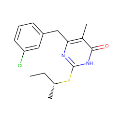 CC[C@@H](C)Sc1nc(Cc2cccc(Cl)c2)c(C)c(=O)[nH]1 ZINC000013556465