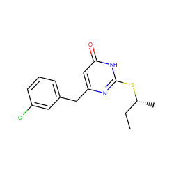 CC[C@@H](C)Sc1nc(Cc2cccc(Cl)c2)cc(=O)[nH]1 ZINC000013556430