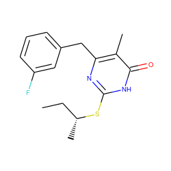 CC[C@@H](C)Sc1nc(Cc2cccc(F)c2)c(C)c(=O)[nH]1 ZINC000013556477
