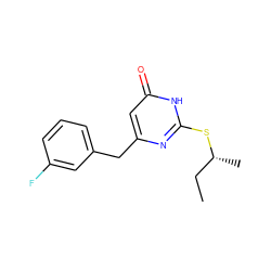 CC[C@@H](C)Sc1nc(Cc2cccc(F)c2)cc(=O)[nH]1 ZINC000013556443