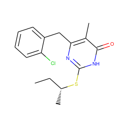 CC[C@@H](C)Sc1nc(Cc2ccccc2Cl)c(C)c(=O)[nH]1 ZINC000013556459
