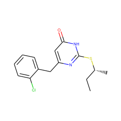 CC[C@@H](C)Sc1nc(Cc2ccccc2Cl)cc(=O)[nH]1 ZINC000013556426