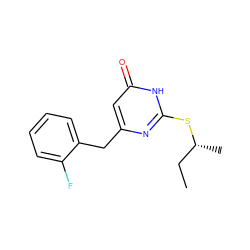 CC[C@@H](C)Sc1nc(Cc2ccccc2F)cc(=O)[nH]1 ZINC000013556439