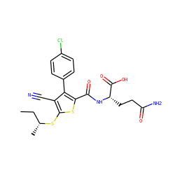 CC[C@@H](C)Sc1sc(C(=O)N[C@@H](CCC(N)=O)C(=O)O)c(-c2ccc(Cl)cc2)c1C#N ZINC000103301102