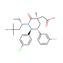 CC[C@@H](CC(C)(C)O)N1C(=O)[C@@](C)(CC(=O)O)C[C@H](c2cccc(Cl)c2)[C@H]1c1ccc(Cl)cc1 ZINC000103248037