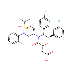 CC[C@@H](CN(c1ccccc1F)S(=O)(=O)C(C)C)N1C(=O)[C@@H](CC(=O)O)O[C@H](c2cccc(Cl)c2)[C@H]1c1ccc(Cl)cc1 ZINC000169307582