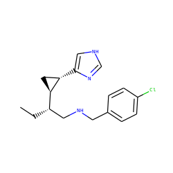 CC[C@@H](CNCc1ccc(Cl)cc1)[C@H]1C[C@@H]1c1c[nH]cn1 ZINC000049089058