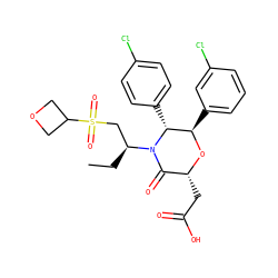 CC[C@@H](CS(=O)(=O)C1COC1)N1C(=O)[C@@H](CC(=O)O)O[C@H](c2cccc(Cl)c2)[C@H]1c1ccc(Cl)cc1 ZINC000142310869
