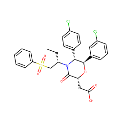 CC[C@@H](CS(=O)(=O)c1ccccc1)N1C(=O)[C@@H](CC(=O)O)O[C@H](c2cccc(Cl)c2)[C@H]1c1ccc(Cl)cc1 ZINC000169307589