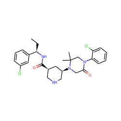 CC[C@@H](NC(=O)[C@@H]1CNC[C@H](N2CC(=O)N(c3ccccc3Cl)CC2(C)C)C1)c1cccc(Cl)c1 ZINC000096283064
