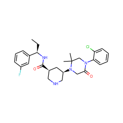 CC[C@@H](NC(=O)[C@@H]1CNC[C@H](N2CC(=O)N(c3ccccc3Cl)CC2(C)C)C1)c1cccc(F)c1 ZINC000096283066