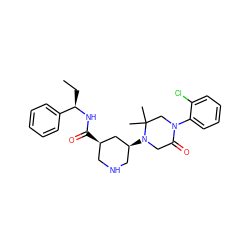 CC[C@@H](NC(=O)[C@@H]1CNC[C@H](N2CC(=O)N(c3ccccc3Cl)CC2(C)C)C1)c1ccccc1 ZINC000095558451