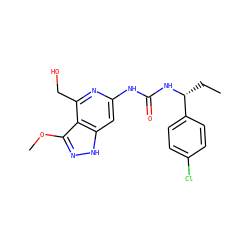 CC[C@@H](NC(=O)Nc1cc2[nH]nc(OC)c2c(CO)n1)c1ccc(Cl)cc1 ZINC001772634096