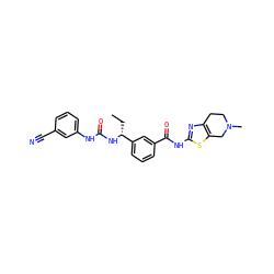 CC[C@@H](NC(=O)Nc1cccc(C#N)c1)c1cccc(C(=O)Nc2nc3c(s2)CN(C)CC3)c1 ZINC000141655212