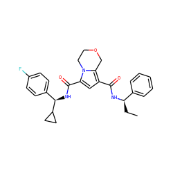CC[C@@H](NC(=O)c1cc(C(=O)N[C@H](c2ccc(F)cc2)C2CC2)n2c1COCC2)c1ccccc1 ZINC000146098212