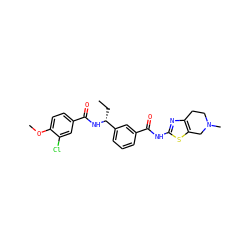 CC[C@@H](NC(=O)c1ccc(OC)c(Cl)c1)c1cccc(C(=O)Nc2nc3c(s2)CN(C)CC3)c1 ZINC000200020553