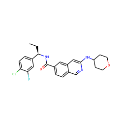 CC[C@@H](NC(=O)c1ccc2cnc(NC3CCOCC3)cc2c1)c1ccc(Cl)c(F)c1 ZINC000205435995