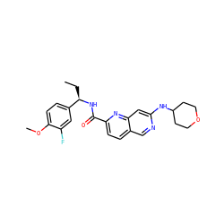 CC[C@@H](NC(=O)c1ccc2cnc(NC3CCOCC3)cc2n1)c1ccc(OC)c(F)c1 ZINC000205443971