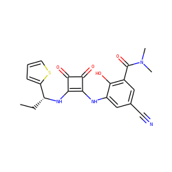 CC[C@@H](Nc1c(Nc2cc(C#N)cc(C(=O)N(C)C)c2O)c(=O)c1=O)c1cccs1 ZINC000101278122