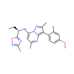 CC[C@@H](Nc1cc(C)nc2c(-c3ccc(OC)cc3C)c(C)nn12)c1nc(C)no1 ZINC000034661170
