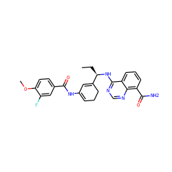 CC[C@@H](Nc1ncnc2c(C(N)=O)cccc12)C1=CC(NC(=O)c2ccc(OC)c(F)c2)=CCC1 ZINC000167129000