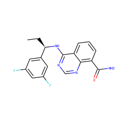 CC[C@@H](Nc1ncnc2c(C(N)=O)cccc12)c1cc(F)cc(F)c1 ZINC000114399104