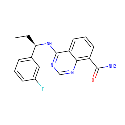 CC[C@@H](Nc1ncnc2c(C(N)=O)cccc12)c1cccc(F)c1 ZINC000114348569