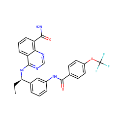 CC[C@@H](Nc1ncnc2c(C(N)=O)cccc12)c1cccc(NC(=O)c2ccc(OC(F)(F)F)cc2)c1 ZINC000167026397