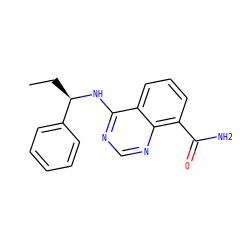 CC[C@@H](Nc1ncnc2c(C(N)=O)cccc12)c1ccccc1 ZINC000114348270
