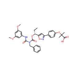 CC[C@@H](OC(=O)N(Cc1ccccc1)C(=O)Nc1cc(OC)cc(OC)c1)c1cc(-c2ccc(OC(C)(C)C(=O)O)cc2)no1 ZINC000220931040