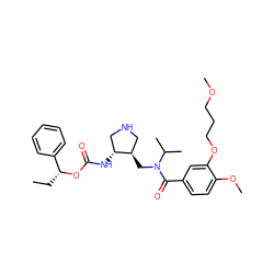 CC[C@@H](OC(=O)N[C@@H]1CNC[C@H]1CN(C(=O)c1ccc(OC)c(OCCCOC)c1)C(C)C)c1ccccc1 ZINC000168128083