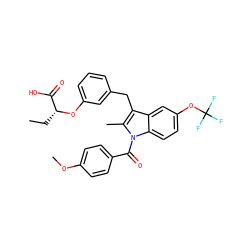 CC[C@@H](Oc1cccc(Cc2c(C)n(C(=O)c3ccc(OC)cc3)c3ccc(OC(F)(F)F)cc23)c1)C(=O)O ZINC000028130483