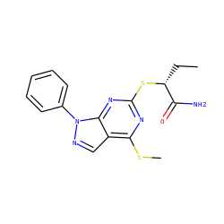 CC[C@@H](Sc1nc(SC)c2cnn(-c3ccccc3)c2n1)C(N)=O ZINC000013759700