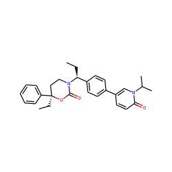 CC[C@@H](c1ccc(-c2ccc(=O)n(C(C)C)c2)cc1)N1CC[C@](CC)(c2ccccc2)OC1=O ZINC000096178527