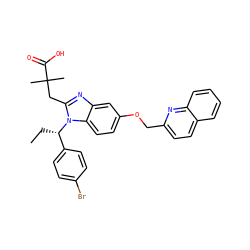 CC[C@@H](c1ccc(Br)cc1)n1c(CC(C)(C)C(=O)O)nc2cc(OCc3ccc4ccccc4n3)ccc21 ZINC000219414227