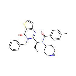 CC[C@@H](c1nc2ccsc2c(=O)n1Cc1ccccc1)N(C(=O)c1ccc(C)cc1)C1CCNCC1 ZINC000072118595