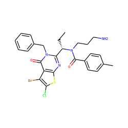 CC[C@@H](c1nc2sc(Cl)c(Br)c2c(=O)n1Cc1ccccc1)N(CCCN)C(=O)c1ccc(C)cc1 ZINC000072118208