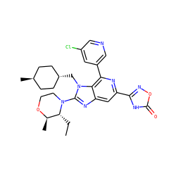 CC[C@@H]1[C@@H](C)OCCN1c1nc2cc(-c3noc(=O)[nH]3)nc(-c3cncc(Cl)c3)c2n1C[C@H]1CC[C@H](C)CC1 ZINC000261165246
