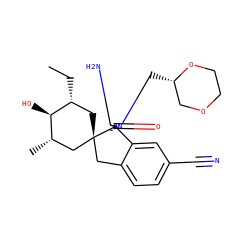 CC[C@@H]1C[C@@]2(Cc3ccc(C#N)cc3[C@]23N=C(N)N(C[C@H]2COCCO2)C3=O)C[C@H](C)[C@H]1O ZINC000149627752