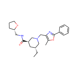 CC[C@@H]1C[C@@H](C(=O)NC[C@@H]2CCCO2)CN(Cc2nc(-c3ccccc3)oc2C)C1 ZINC000071332694