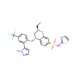 CC[C@@H]1C[C@@H](Oc2ccc(C(F)(F)F)cc2-c2ccnn2C)c2ccc(S(=O)(=O)Nc3nccs3)cc2O1 ZINC000653742684