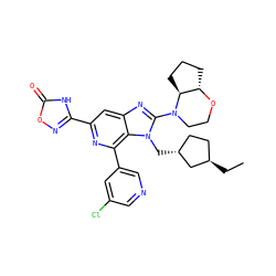 CC[C@@H]1CC[C@@H](Cn2c(N3CCO[C@H]4CCC[C@@H]43)nc3cc(-c4noc(=O)[nH]4)nc(-c4cncc(Cl)c4)c32)C1 ZINC001772655732