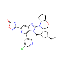 CC[C@@H]1CC[C@H](Cn2c(N3CCO[C@@H]4CCC[C@H]43)nc3cc(-c4noc(=O)[nH]4)nc(-c4cncc(Cl)c4)c32)C1 ZINC000219413325