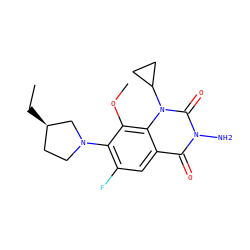 CC[C@@H]1CCN(c2c(F)cc3c(=O)n(N)c(=O)n(C4CC4)c3c2OC)C1 ZINC000064437252