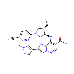 CC[C@@H]1CN(c2ccc(C#N)cn2)C[C@@H]1Nc1c(C(N)=O)cnn2cc(-c3cnn(C)c3)nc12 ZINC001772580799